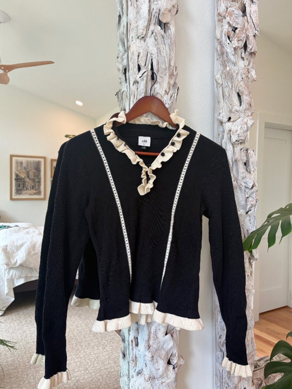 CAbi  Black & Cream Ruffle Knit Cardigan | Size XS
